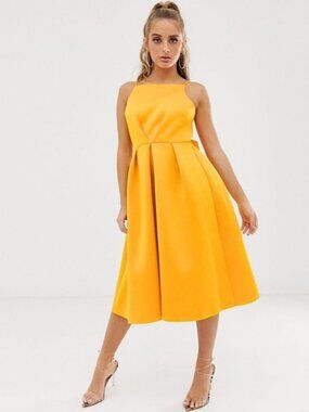 ASOS Scuba Midi Dress | Open Back Bow | Marigold Yellow | Wedding Guest/Prom
